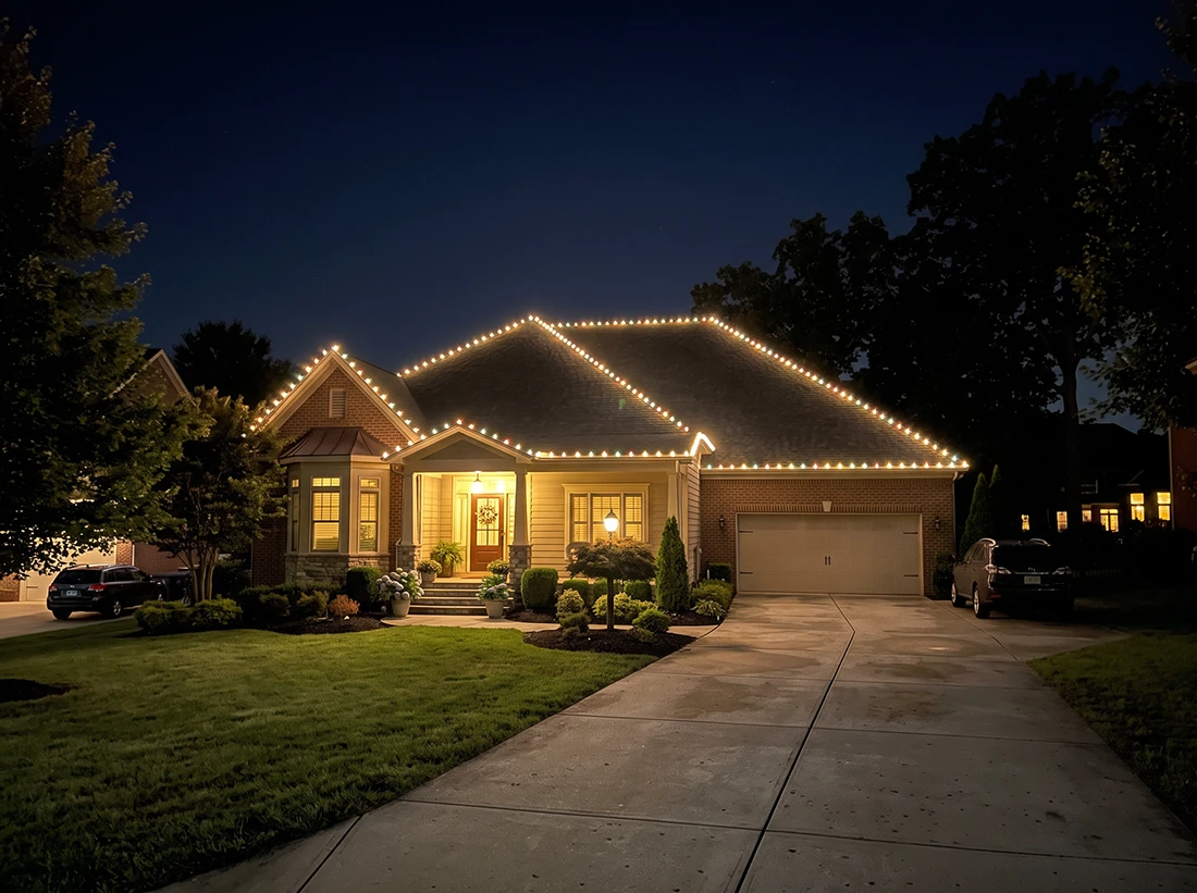 Ranch-style home with warm white holiday roofline lighting
