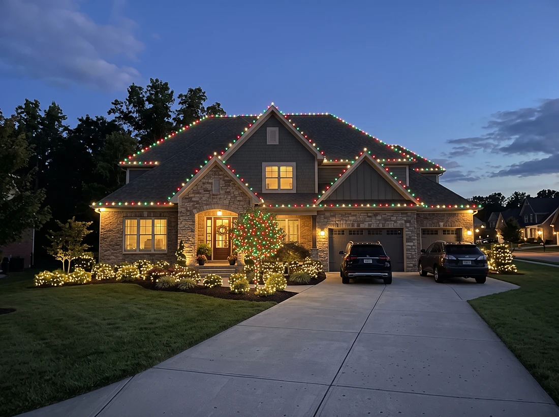 Two-story home with multicolor holiday roofline and accent lighting
